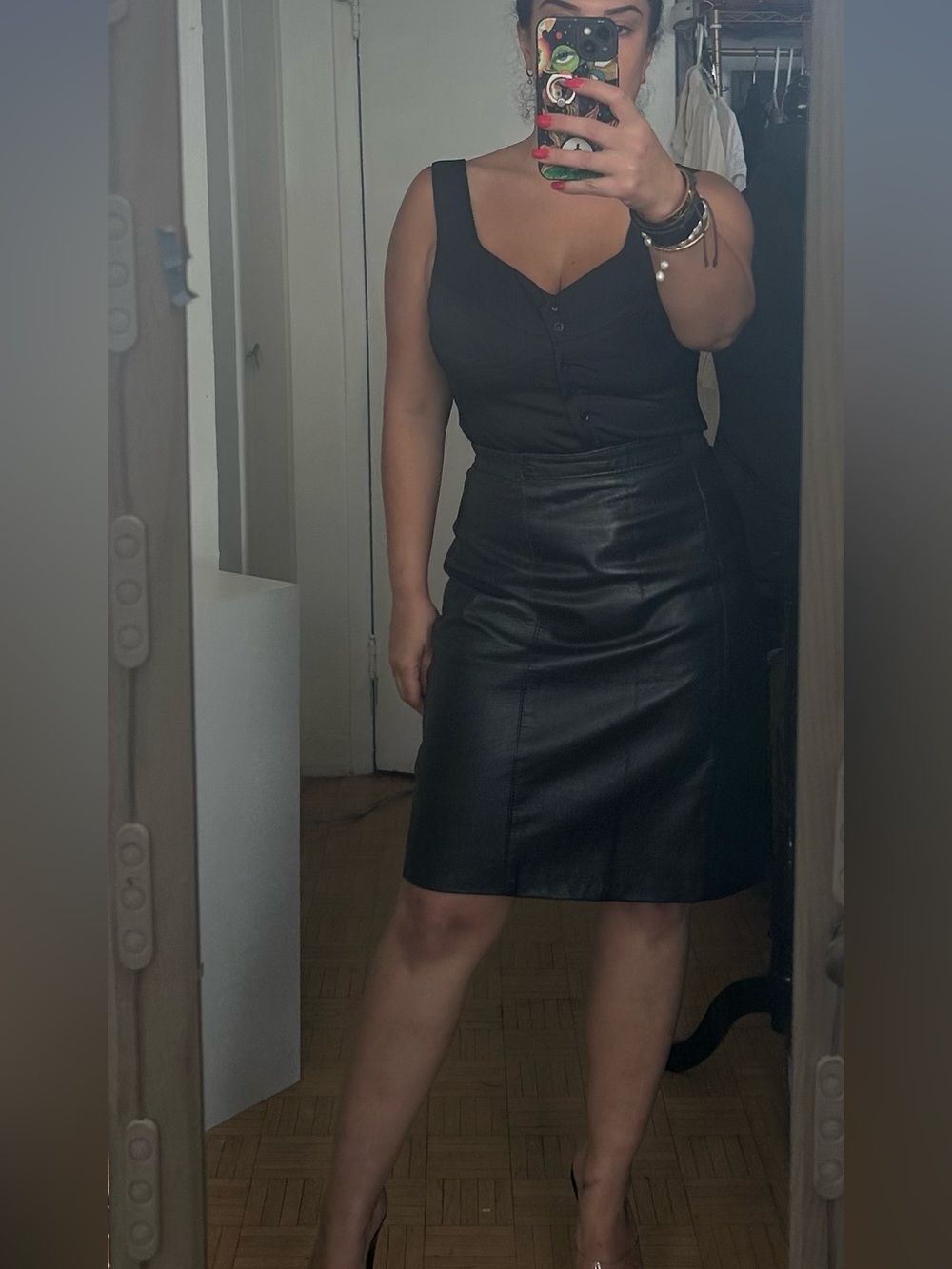 Black Genuine Leather High-Waist Pencil Skirt Knee Length